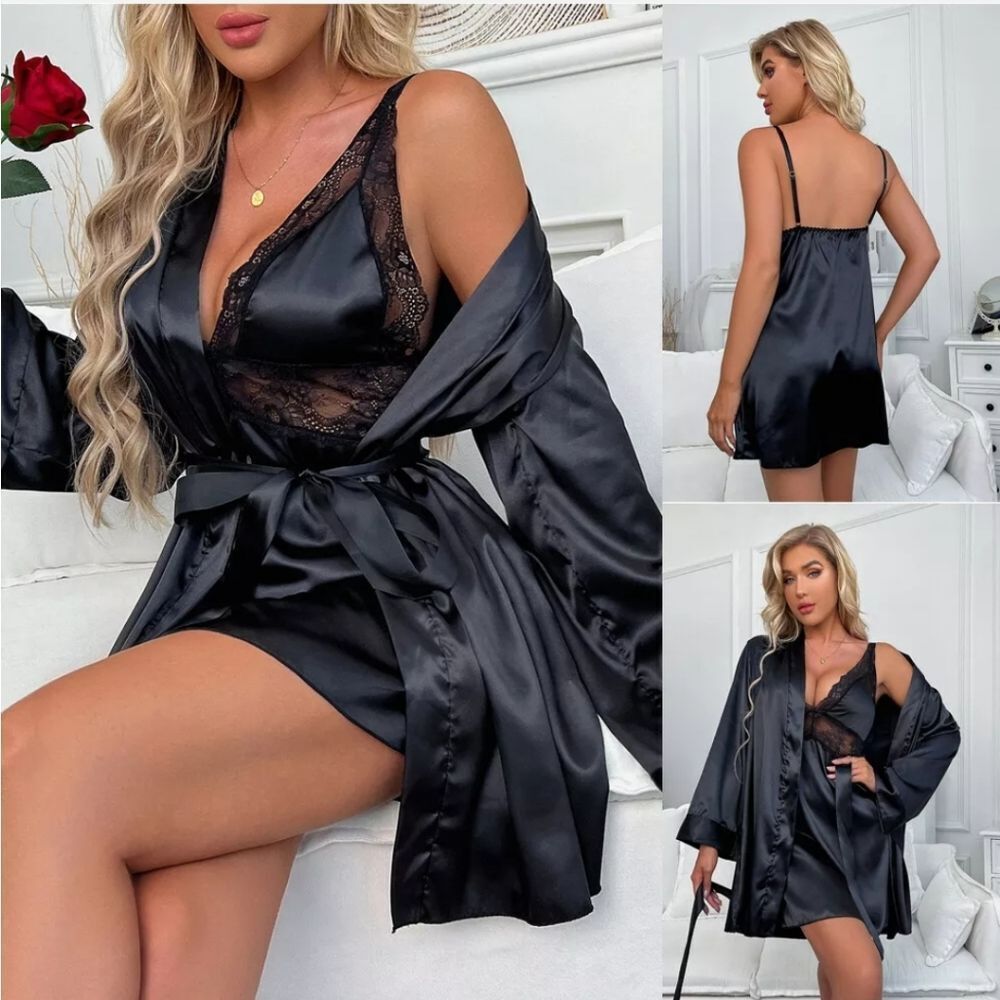 Sexy Satin Robes Set Women's Silk Nightgown 2 Piece Sleepwear Lace Nightwear US